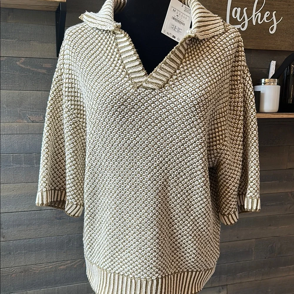 Zara Cream V-Neck Collared Sweater Cozy Knit Short Sleeve Medium - Picture 1 of 7